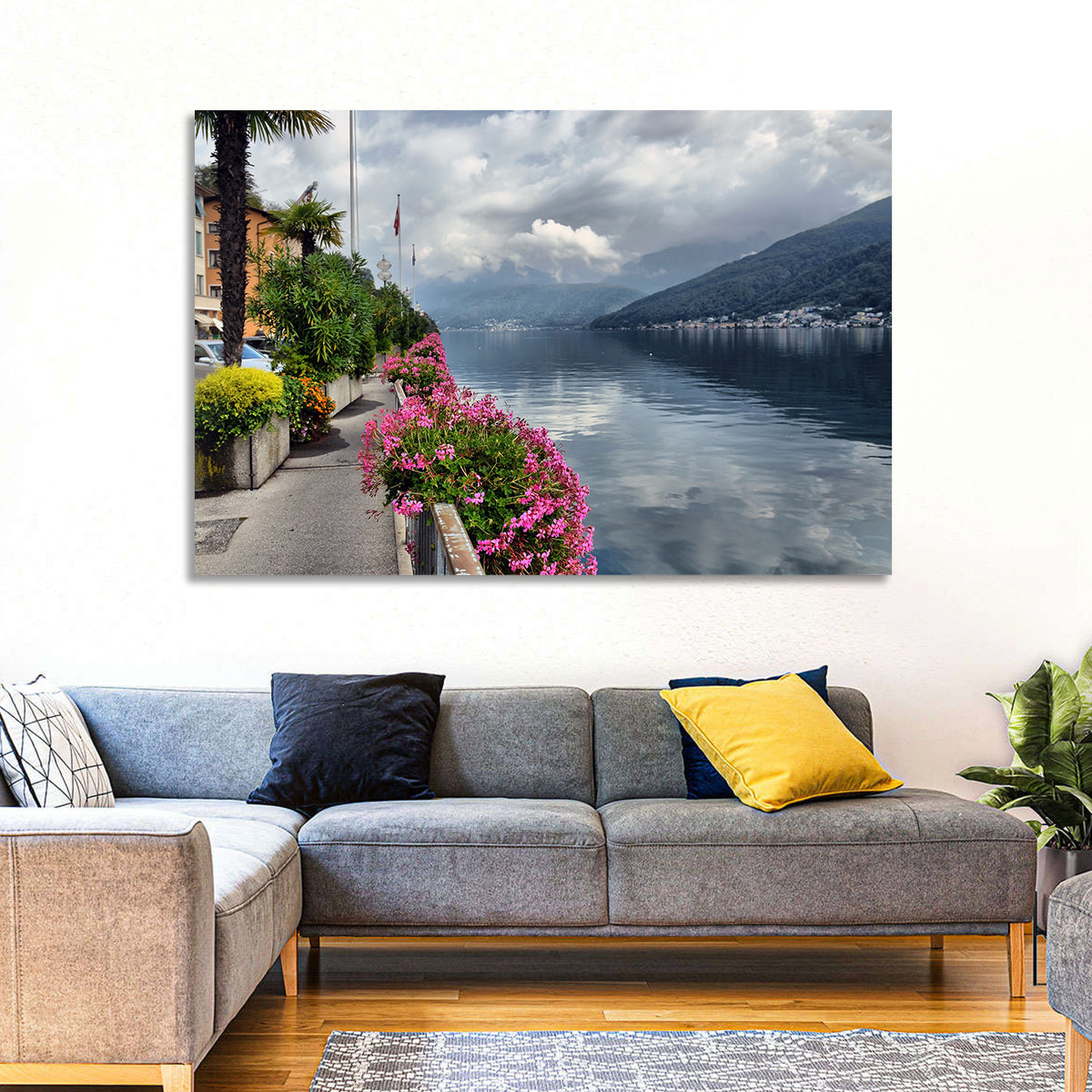 Lake Lugano Floral Walkway Wall Art in a room, landscape