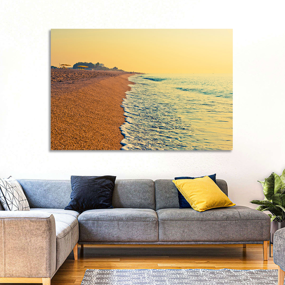 Tranquil Beach Sunrise Wall Art in a room, landscape
