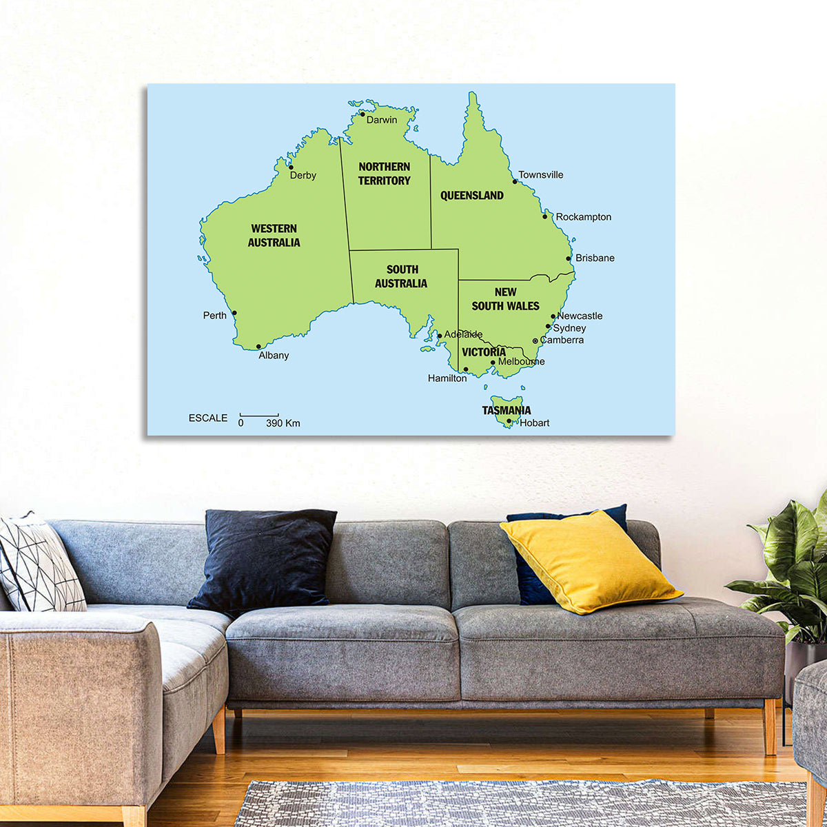 Minimalist Australia Map with State Labels Wall Art in a room, landscape