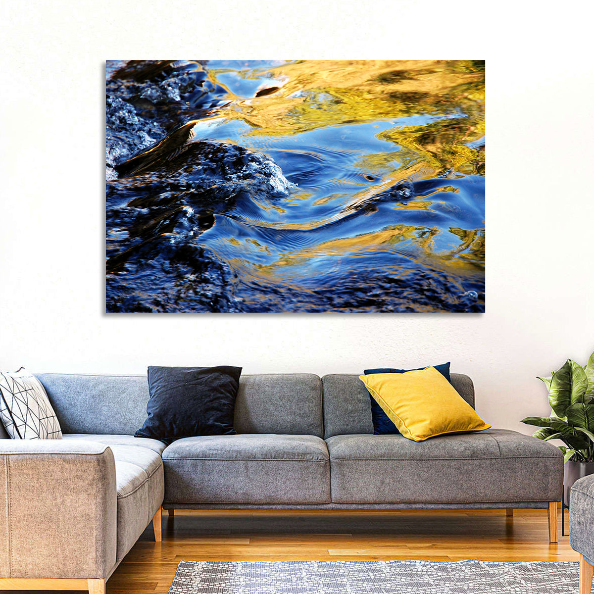 Flowing Stream with Golden Reflections Wall Art in a room, landscape