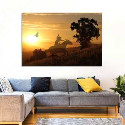 Cowboy Silhouette at Golden Sunset Wall Art