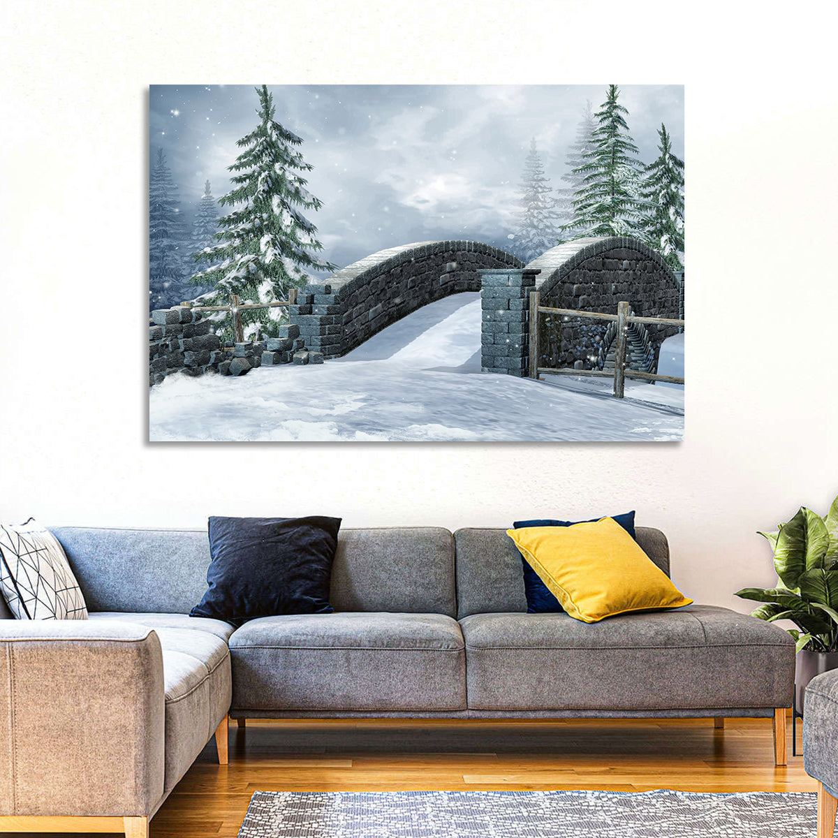 Snowy Stone Bridge in Winter Forest Wall Art