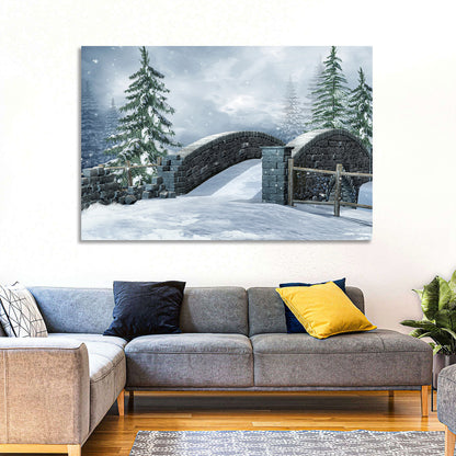 Snowy Stone Bridge in Winter Forest Wall Art