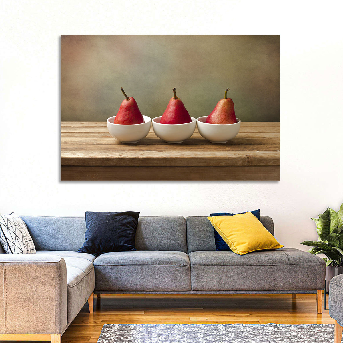 Three Red Pears in Bowls Wall Art in a room, landscape