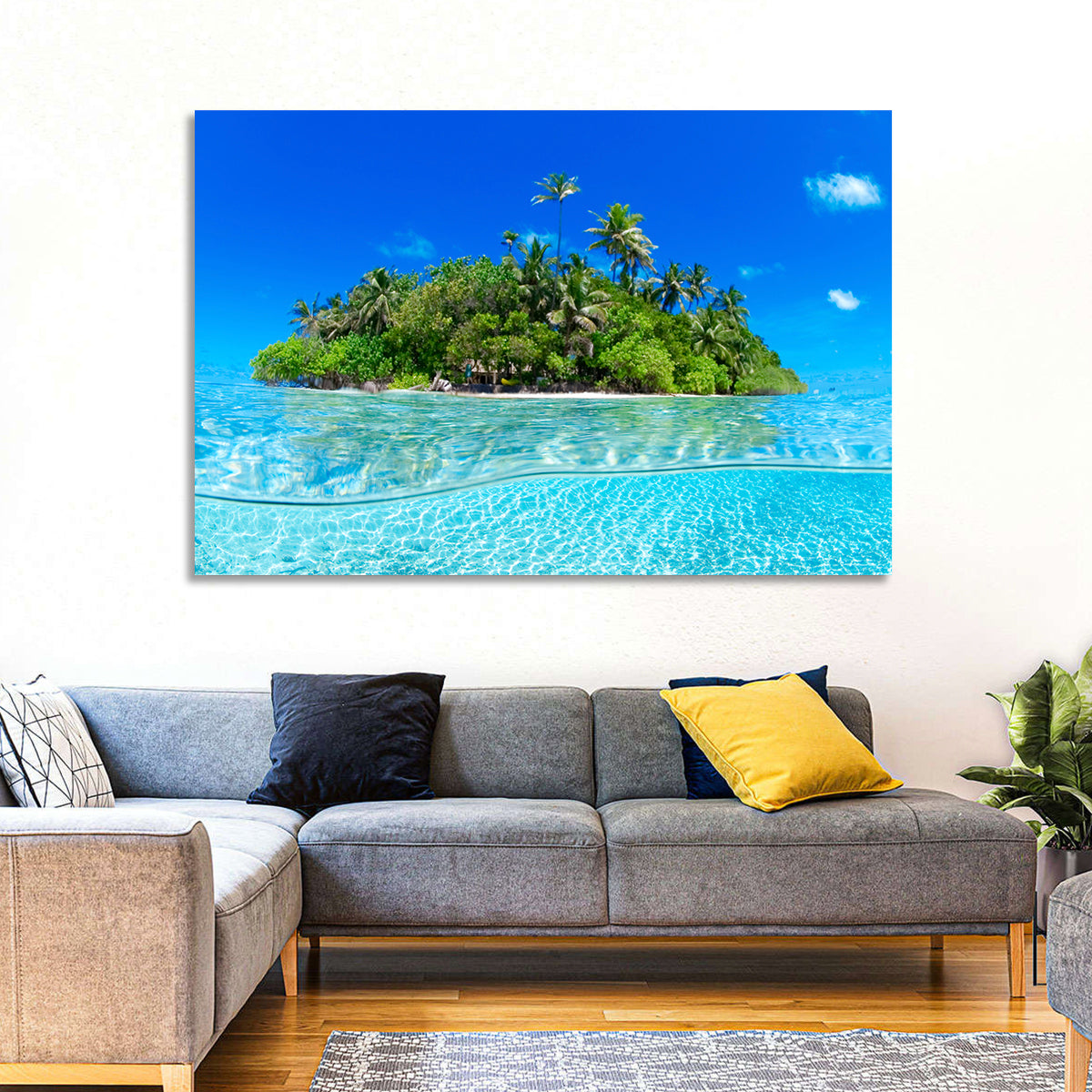 Tropical Island Lagoon Split-level Seascape Wall Art in a room, landscape