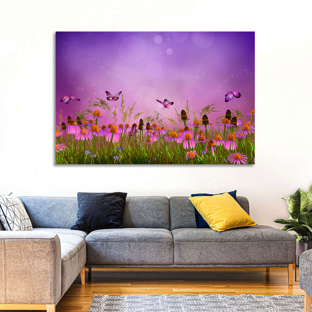 Purple Coneflower Butterfly Meadow Wall Art in a room, landscape