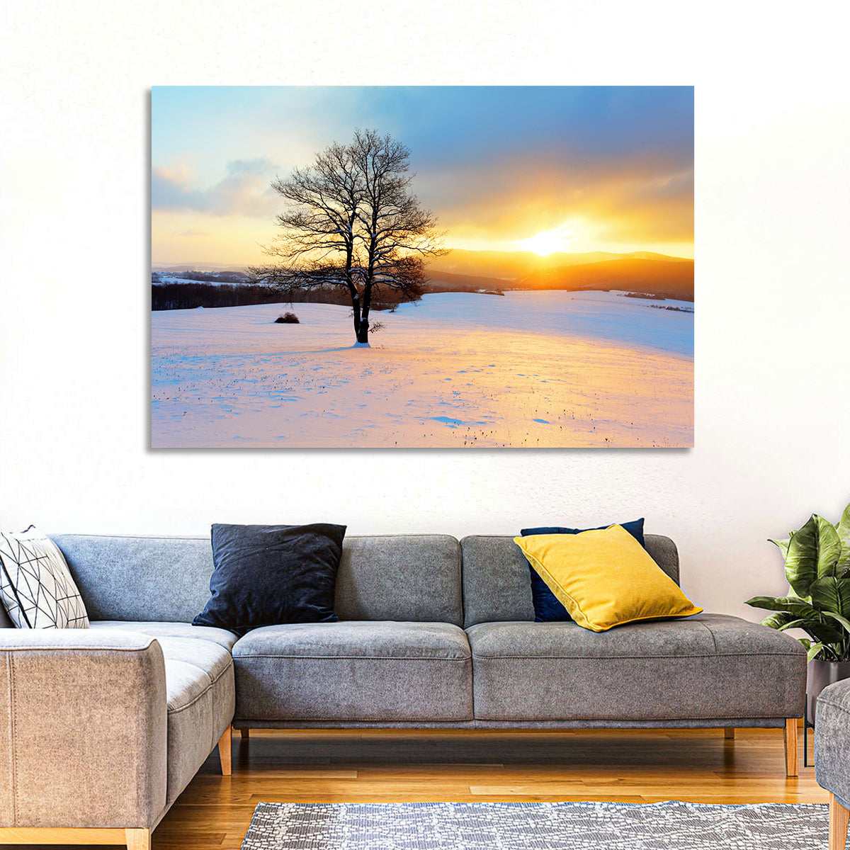 Snowy Winter Sunrise Wall Art in a room, landscape