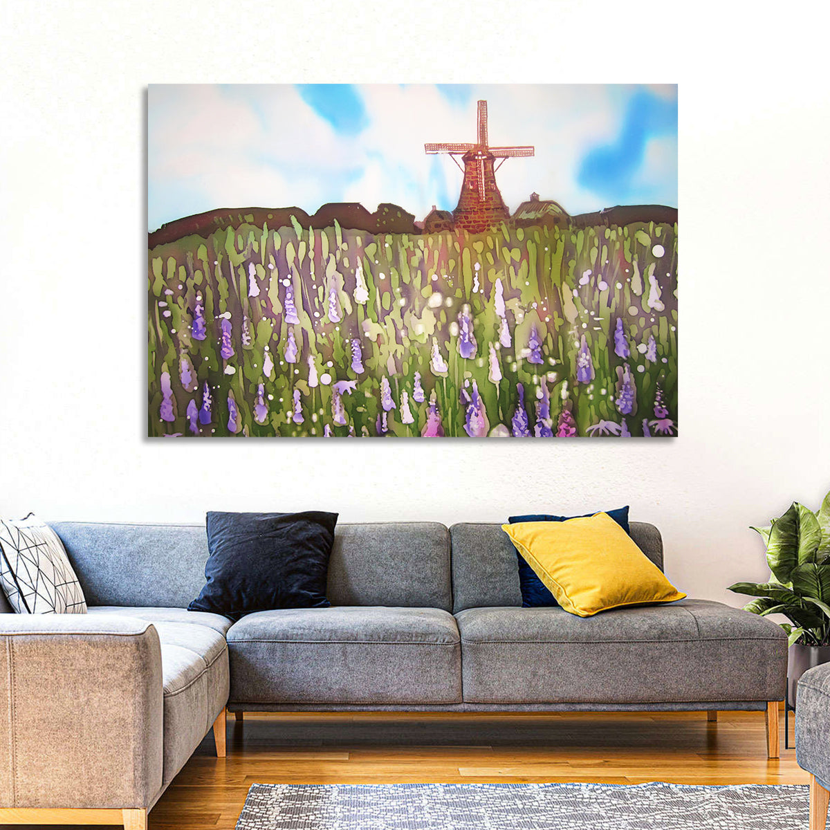 Ink Wash Windmill in Blooming Field Wall Art in a room, landscape
