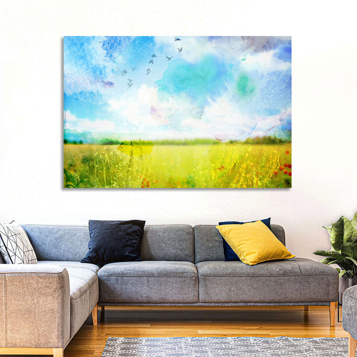 Watercolor Wildflower Field Wall Art in a room, landscape