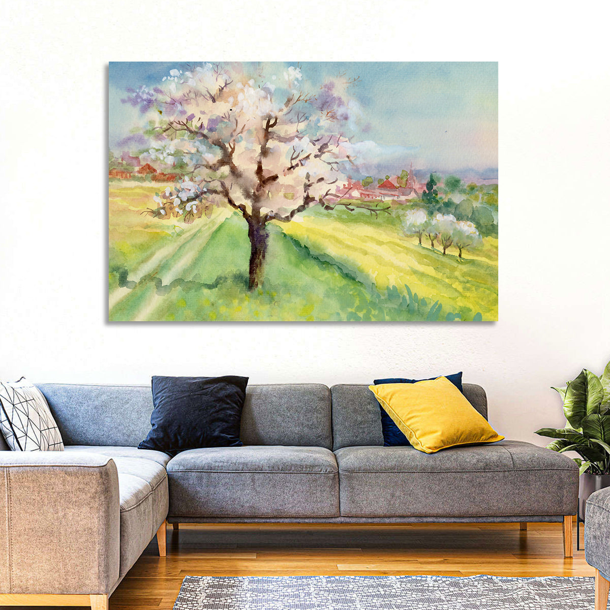 Spring Village Watercolor Wall Art in a room, landscape
