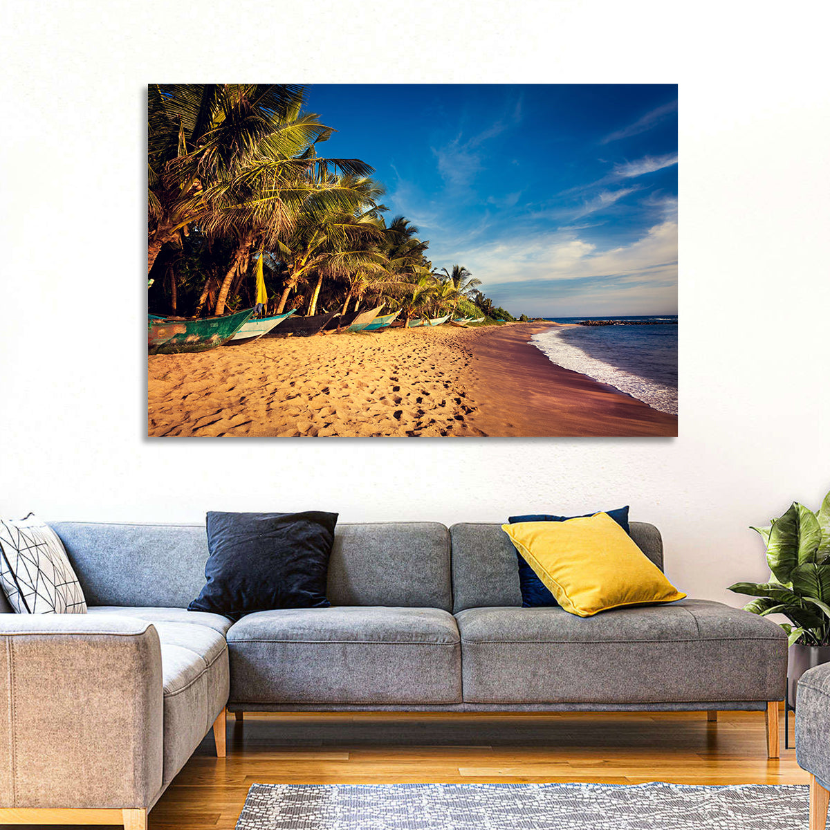 Mirissa Beach Morning Light Wall Art in a room, landscape