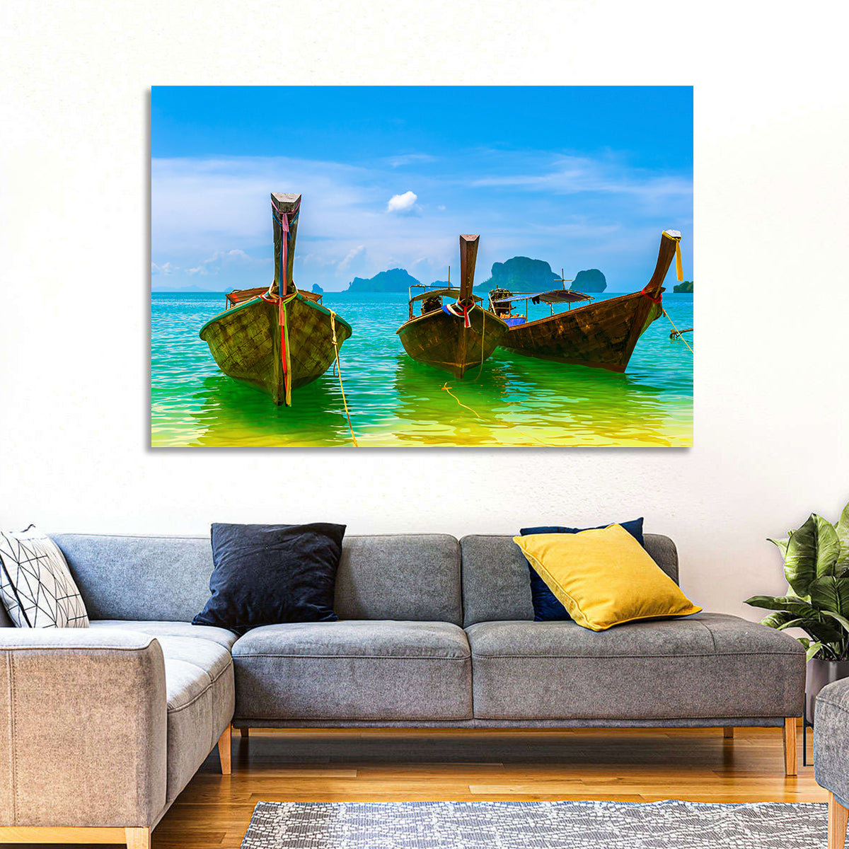 Three Long-tail Boats on Turquoise Water Wall Art in a room, landscape