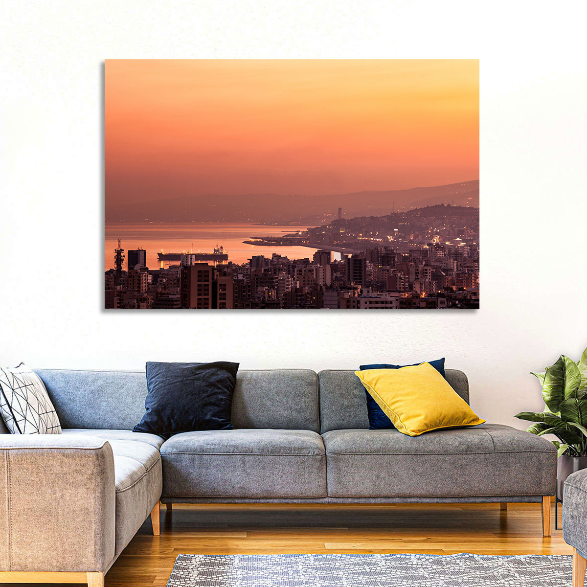 Beirut Sunset Skyline Wall Art in a room, landscape