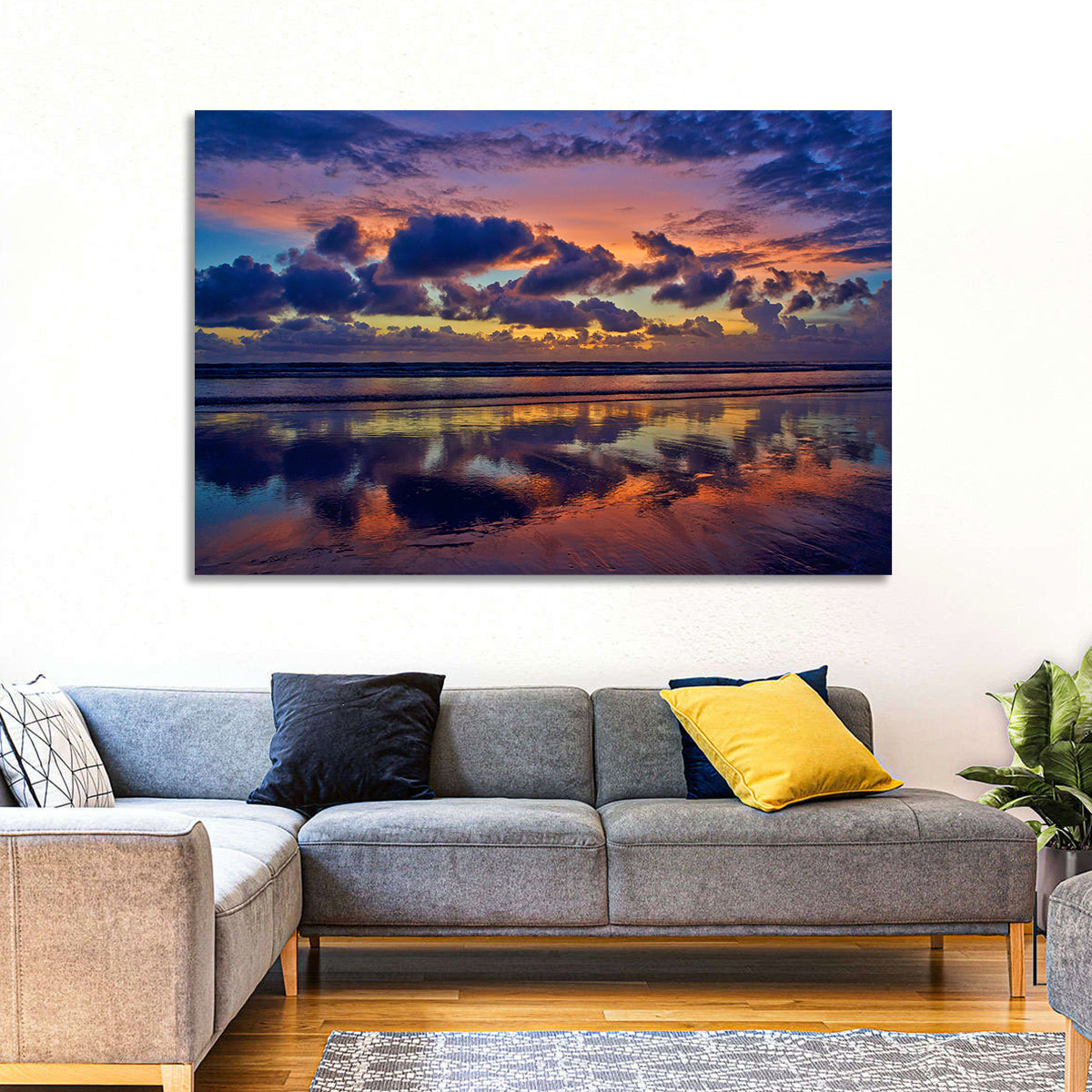 Dusk Beach Reflections Wall Art in a room, landscape