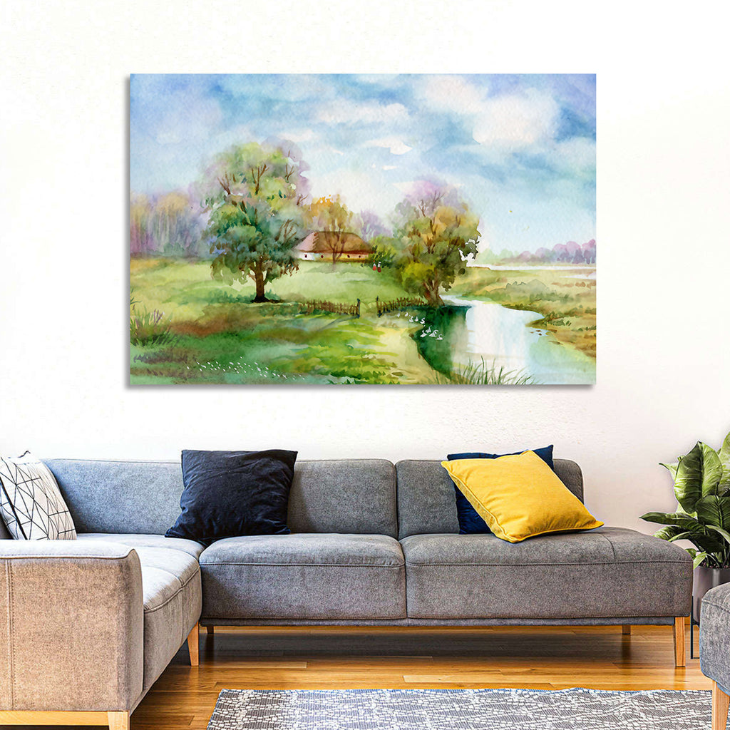 Spring Cottage by the Stream Wall Art