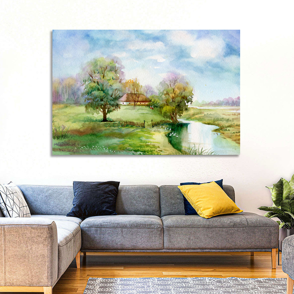 Spring Cottage by the Stream Wall Art