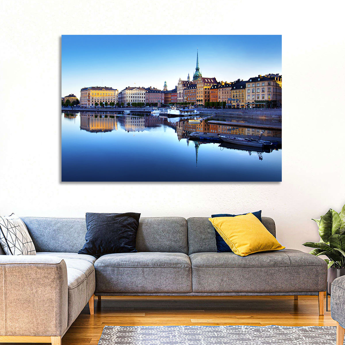 Gamla Stan Stockholm Skyline Wall Art in a room, landscape