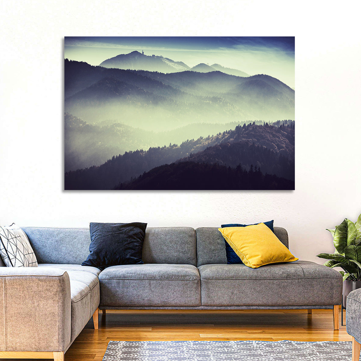 Foggy Forest Valley Wall Art in a room, landscape