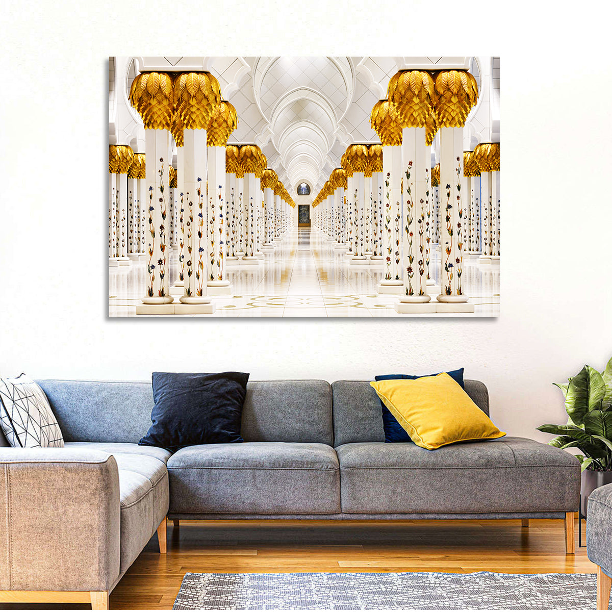 Sheikh Zayed Grand Mosque Colonnade Wall Art in a room, landscape