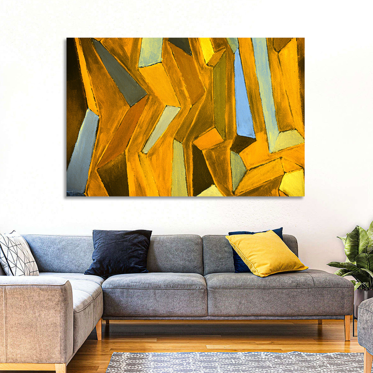 Golden Blocks Abstract Wall Art in a room, landscape