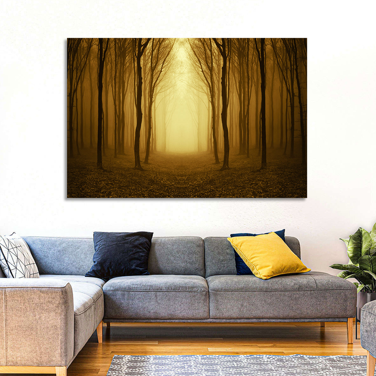Lonely Forest Path Wall Art in a room, landscape