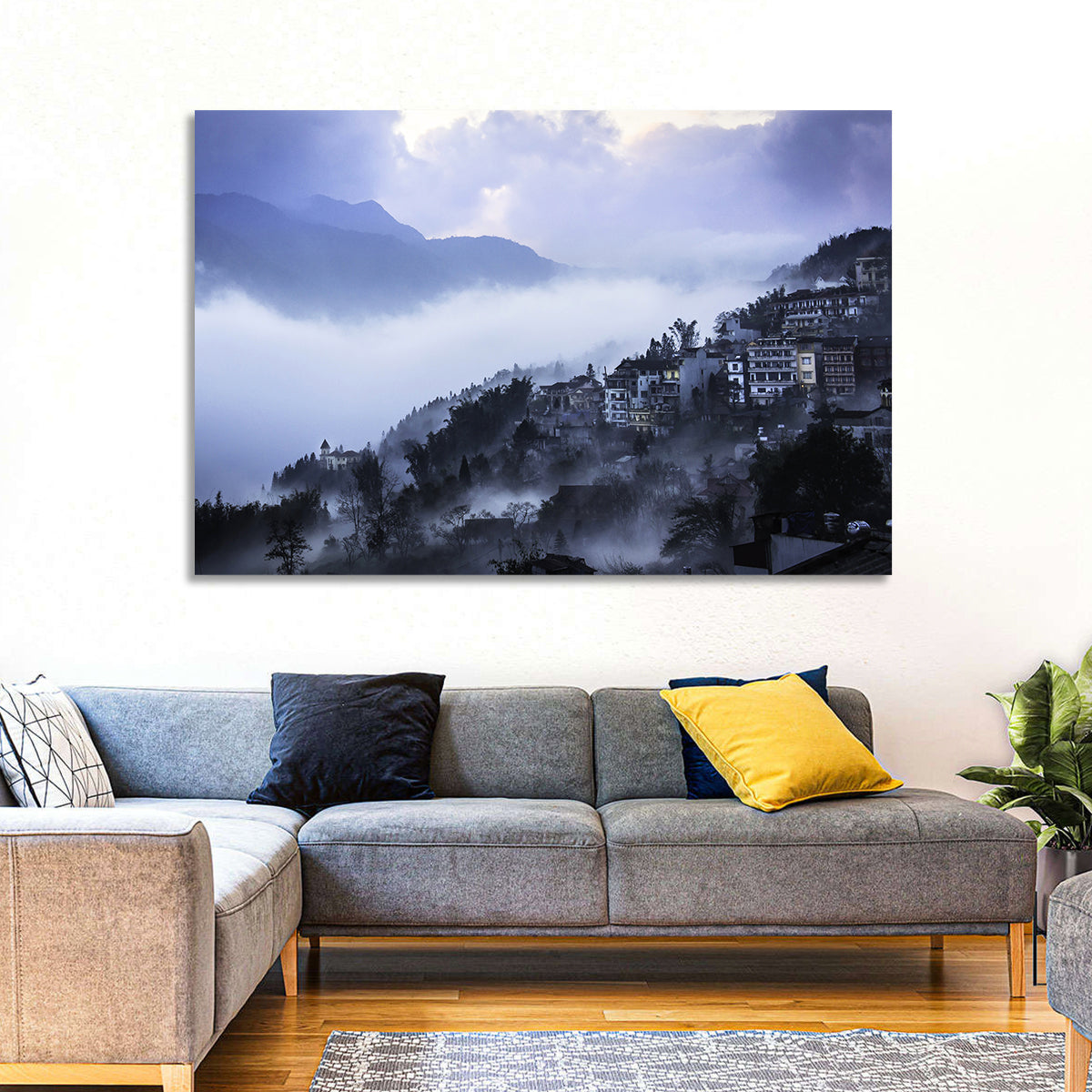 Misty Hillside Town Wall Art in a room, landscape