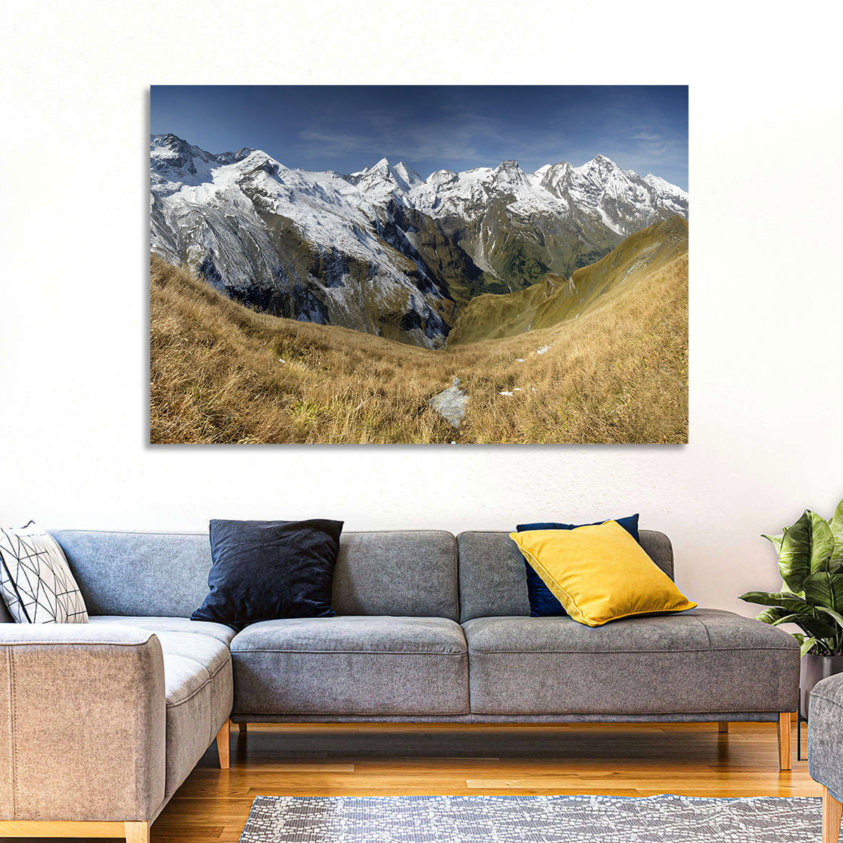 Crisp Alpine Valley with Snow-capped Peaks Wall Art in a room, landscape