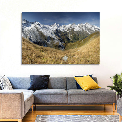 Crisp Alpine Valley with Snow-capped Peaks Wall Art