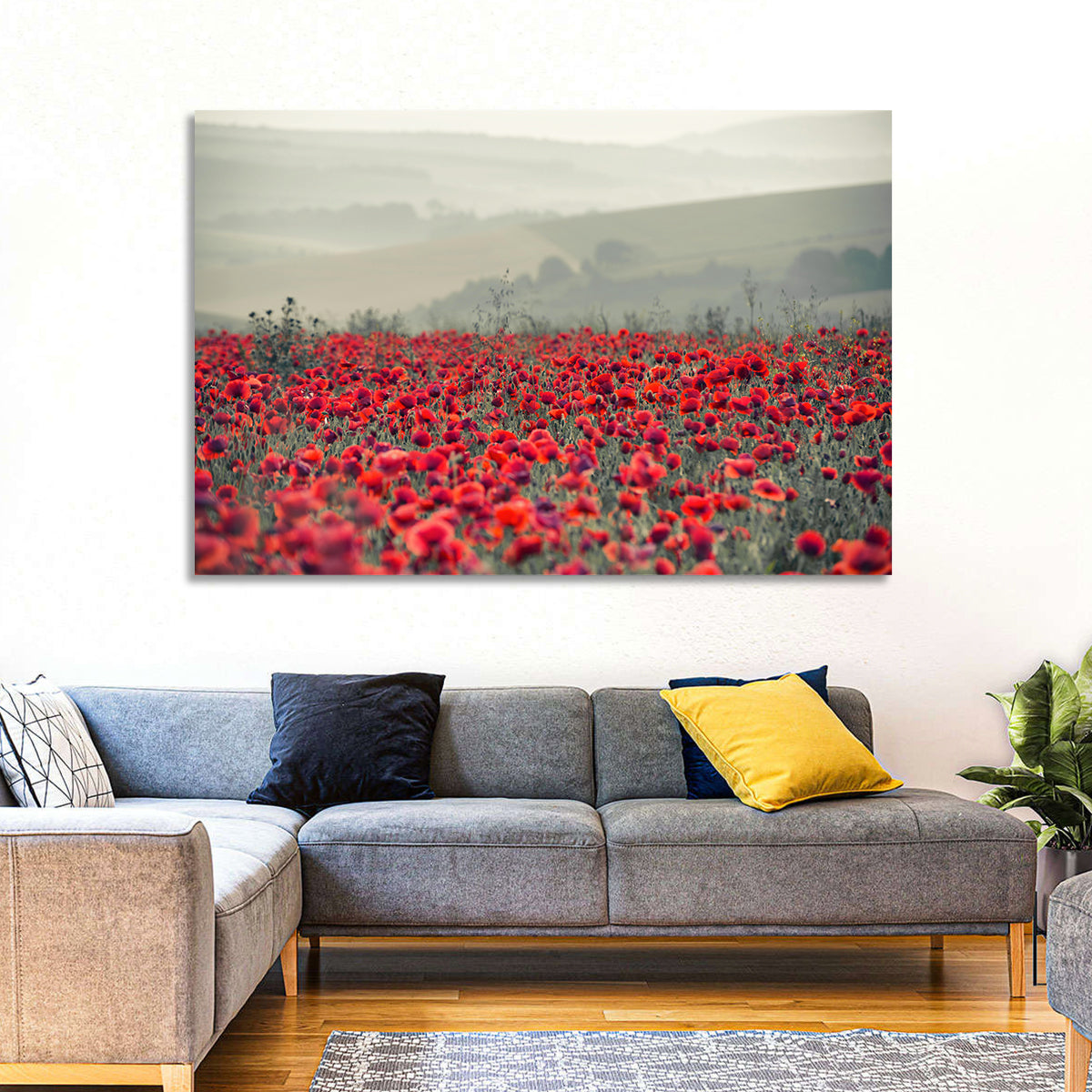 Red Poppy Field Wall Art in a room, landscape