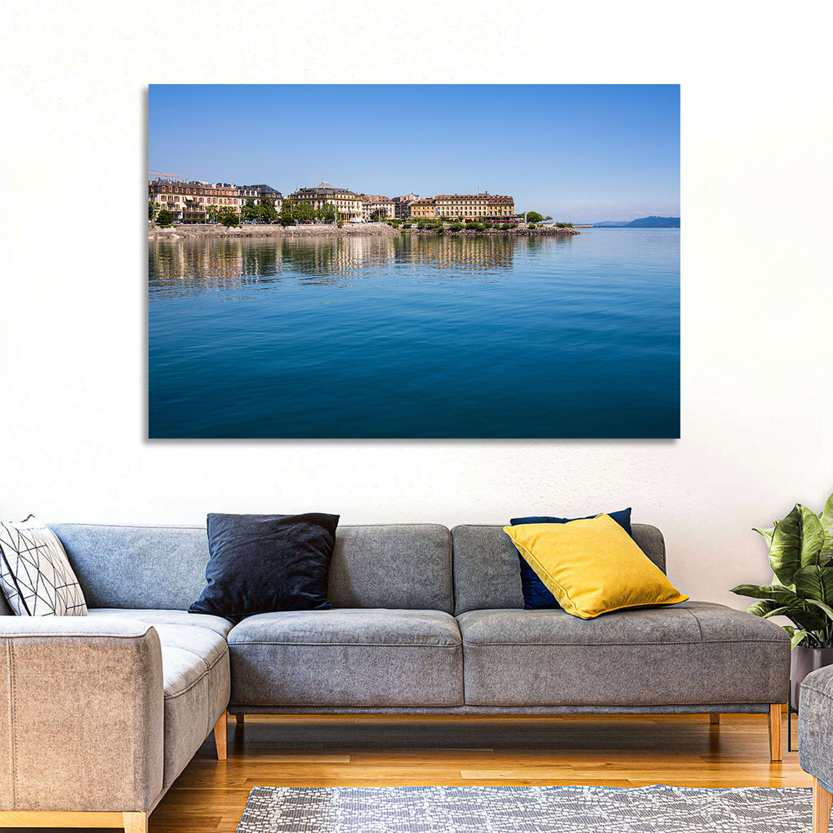 Tranquil Lake Neuchatel Wall Art in a room, landscape