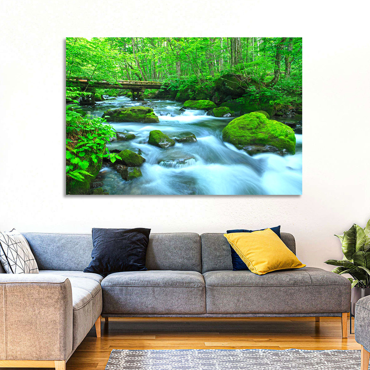 Mossy Forest Stream Wall Art in a room, landscape