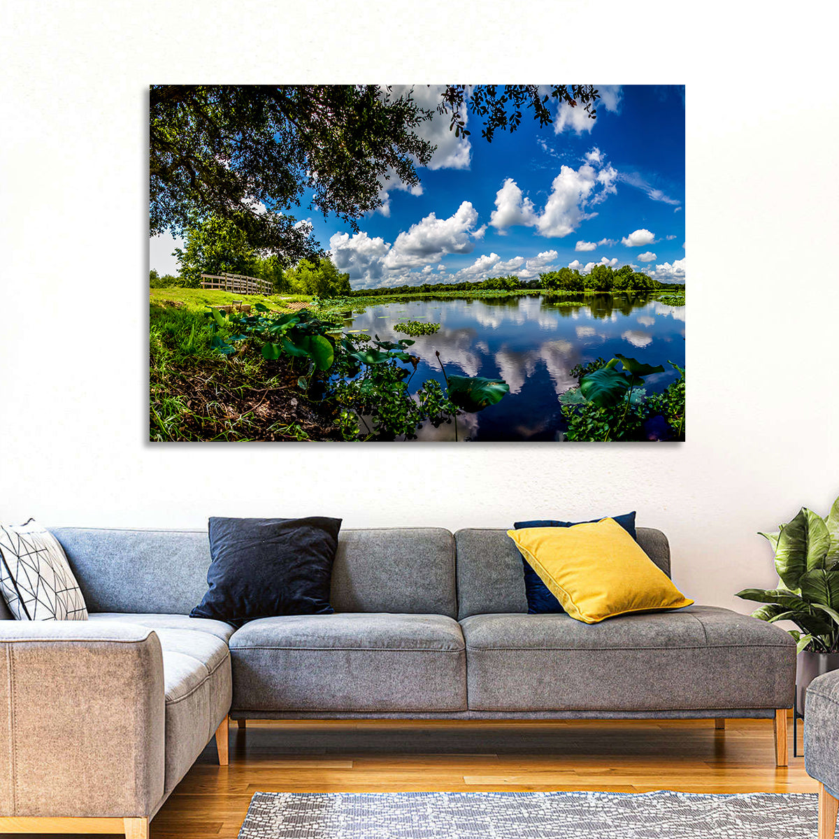 Brazos Bend Lake Reflection Wall Art in a room, landscape