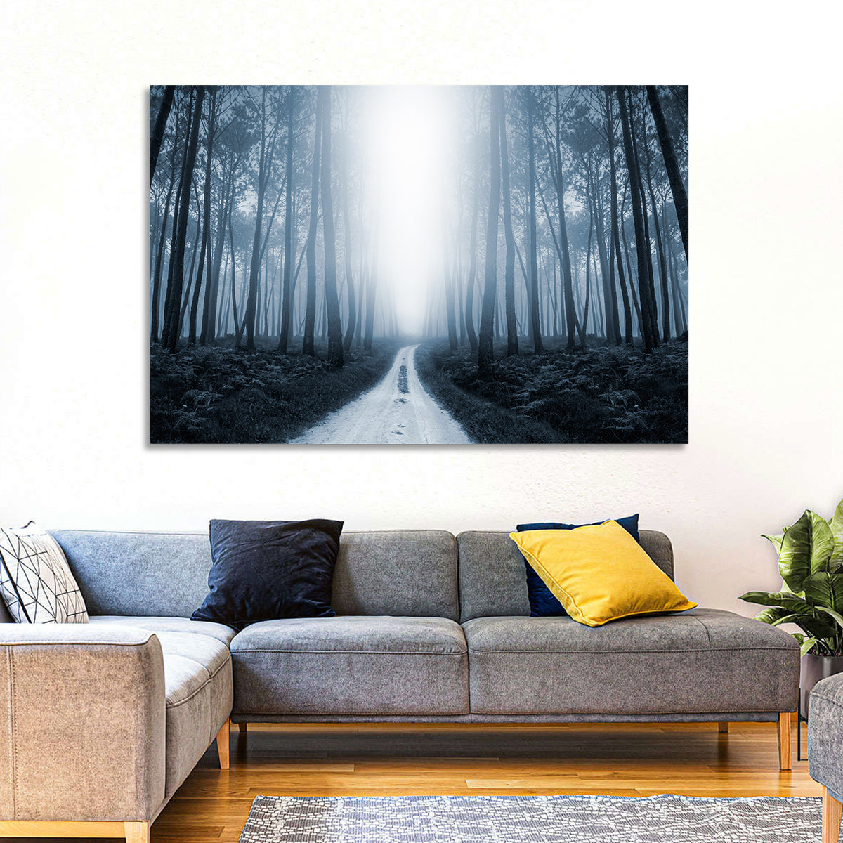 Misty Forest Road at Twilight Wall Art in a room, landscape