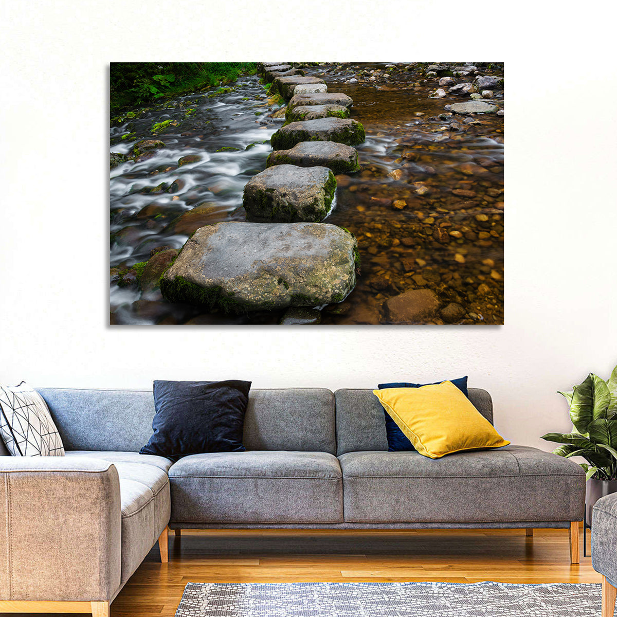 Mossy Stepping Stones Over Stream Wall Art in a room, landscape