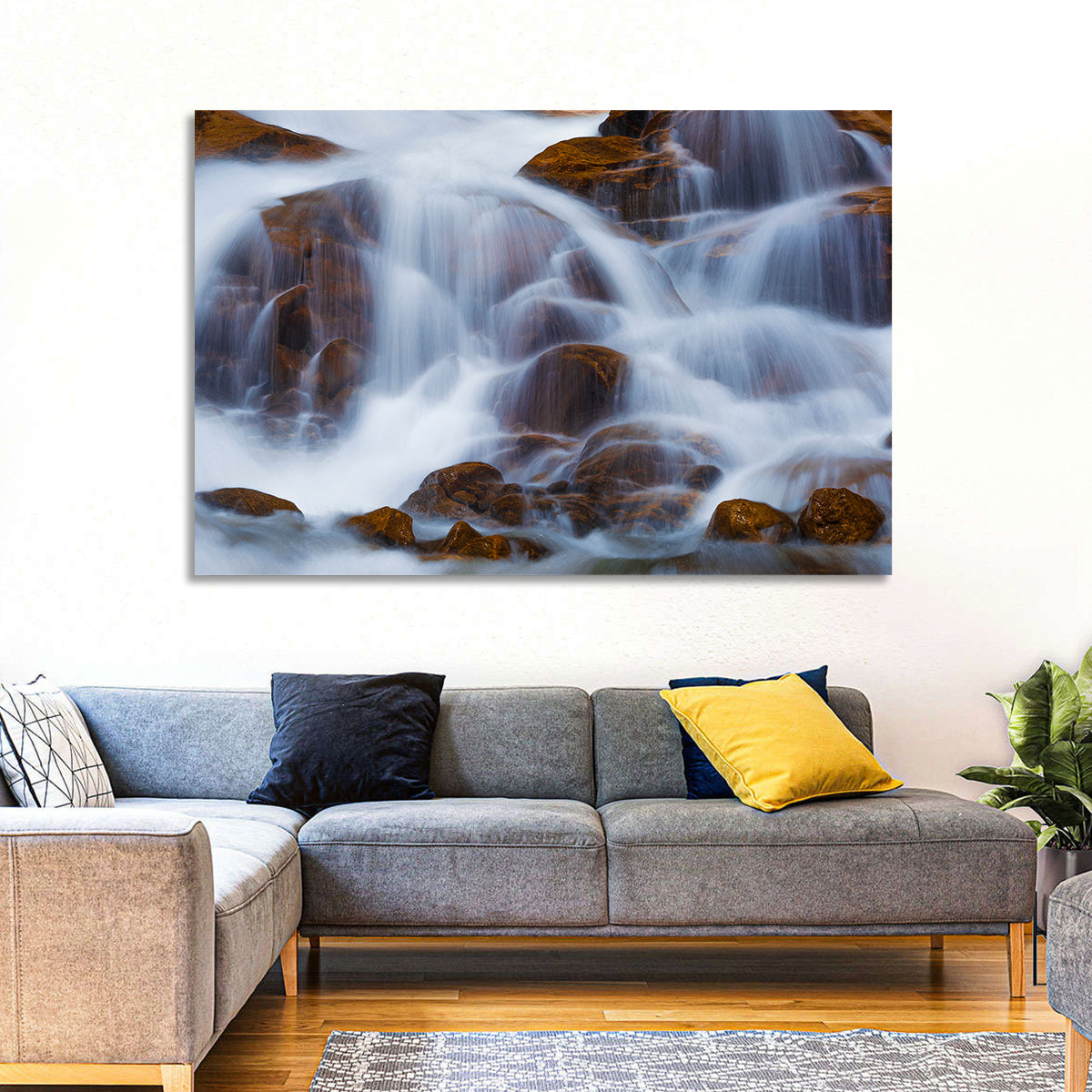 Rocky Mountain Waterfall Wall Art in a room, landscape