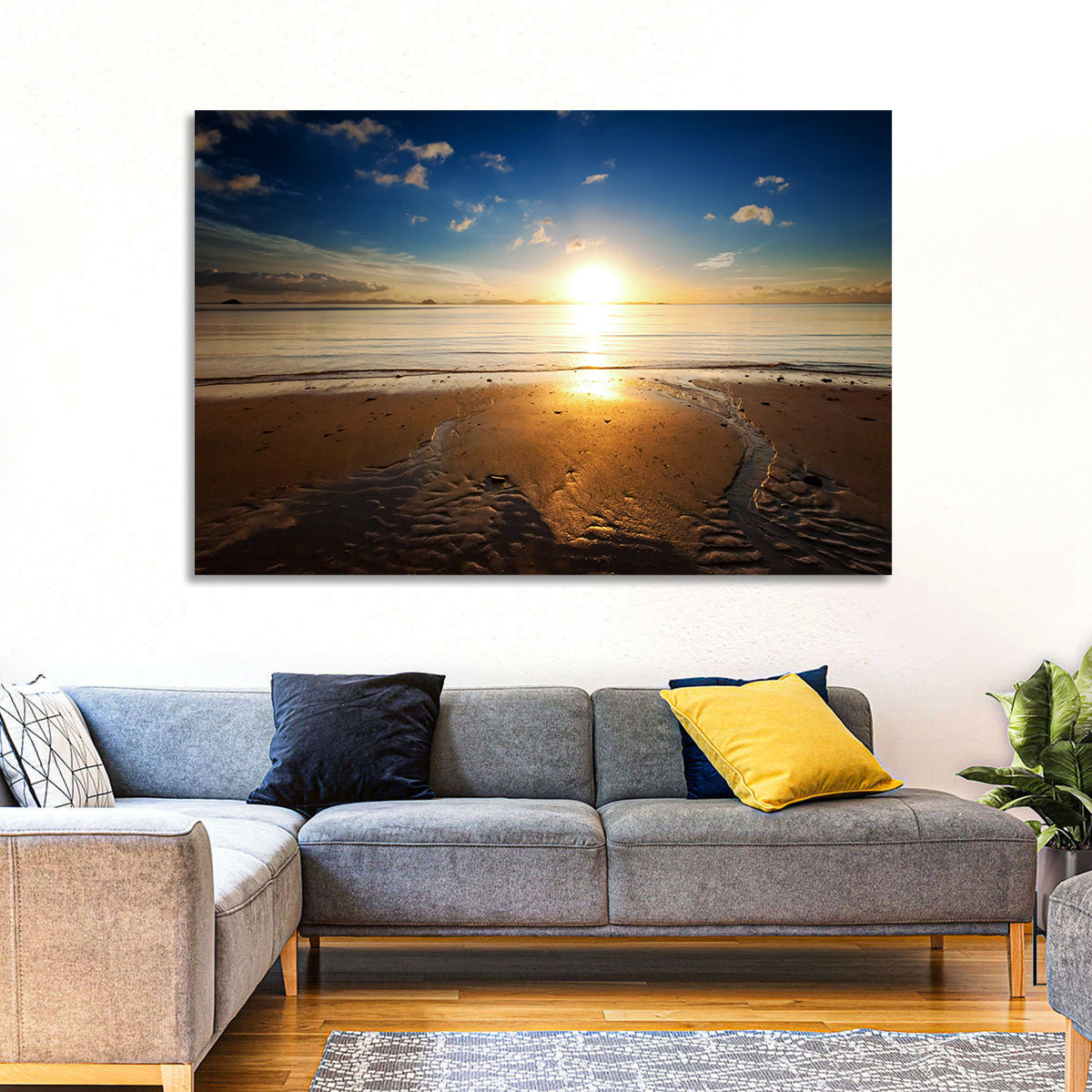 Sunrise Over Rippling Sand Wall Art in a room, landscape