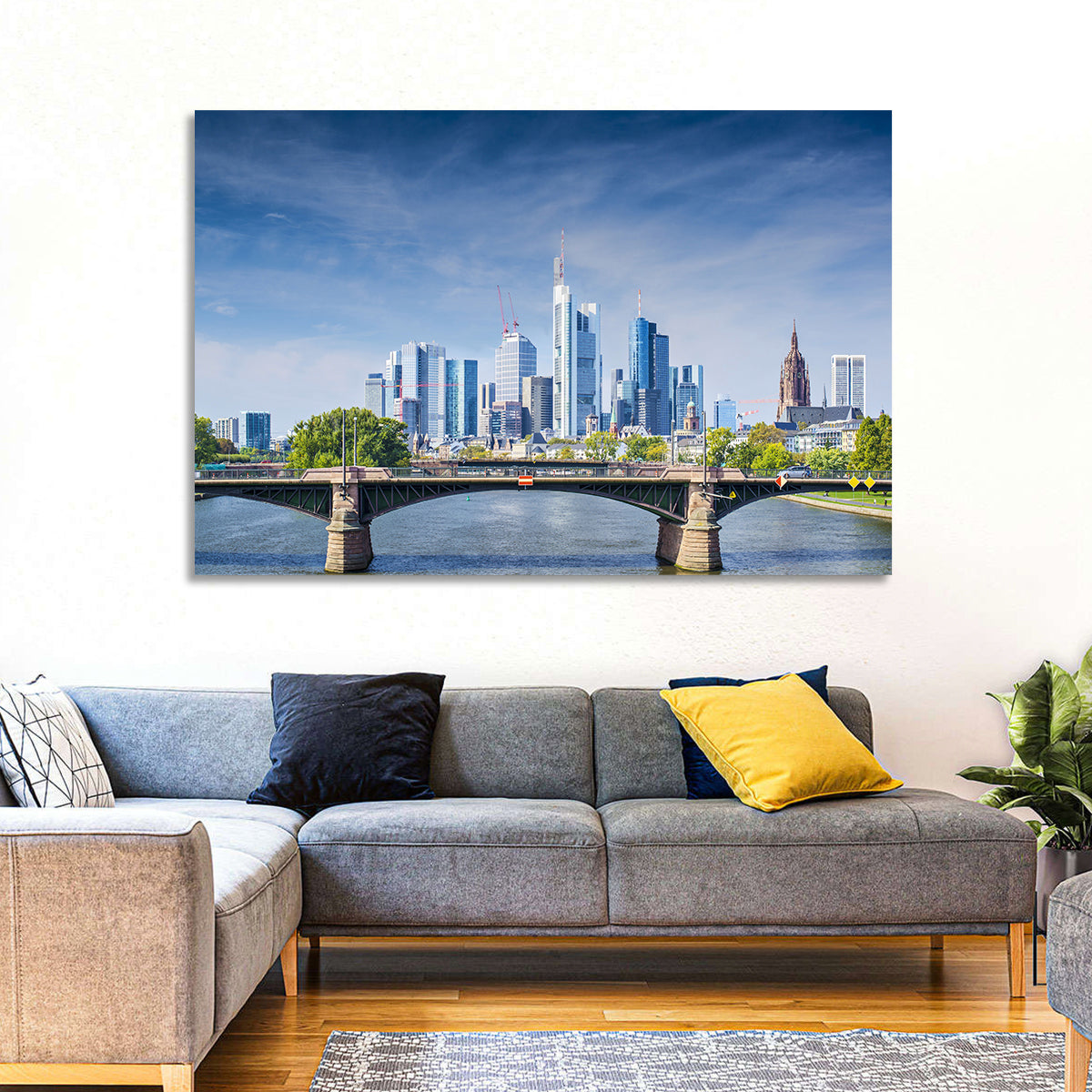 Frankfurt Skyline with Eiserner Steg Wall Art in a room, landscape