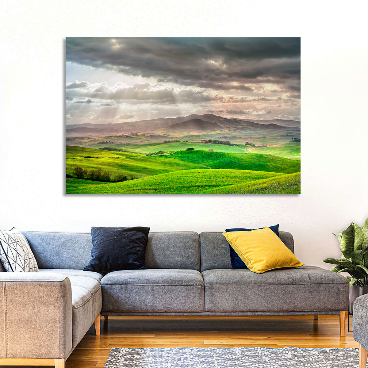 Tuscan Sunlit Hills Wall Art in a room, landscape