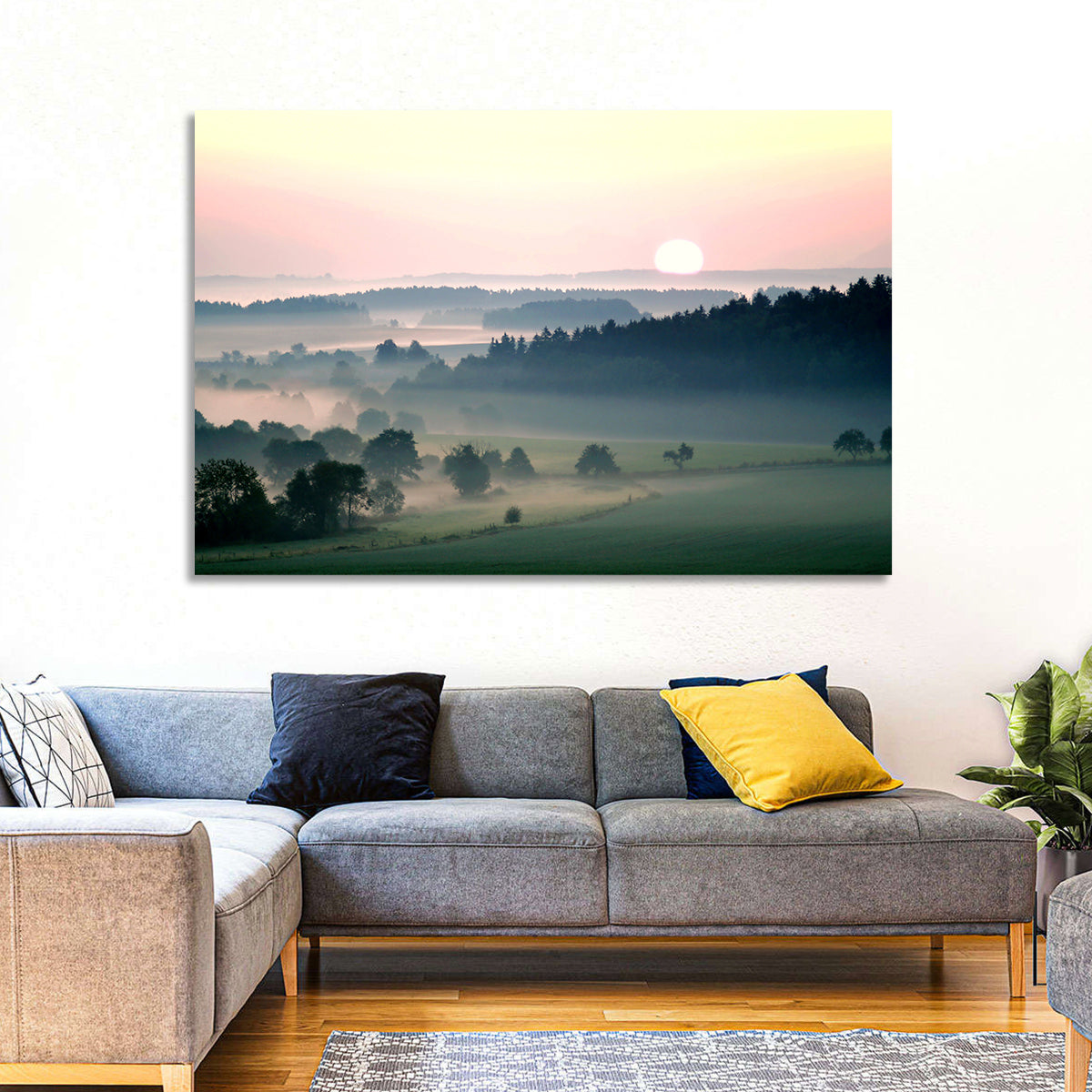 Czech Morning Fog Landscape Wall Art in a room, landscape
