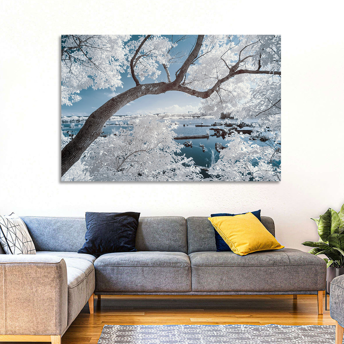 Curving Winter Tree Over Lake Wall Art