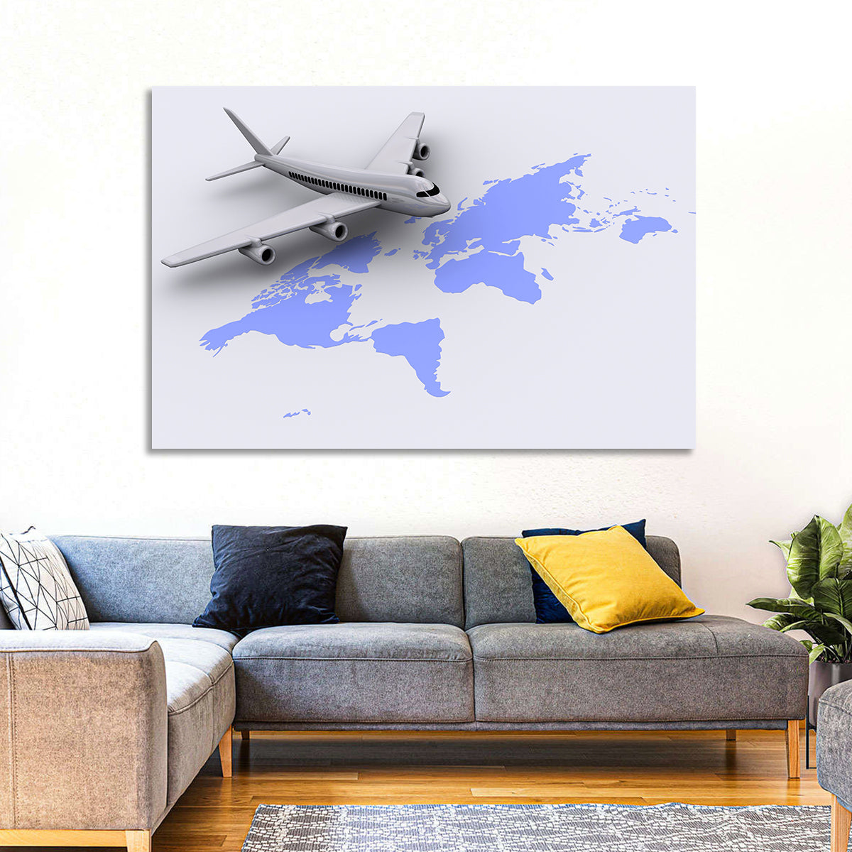 Airplane Over World Map Wall Art in a room, landscape