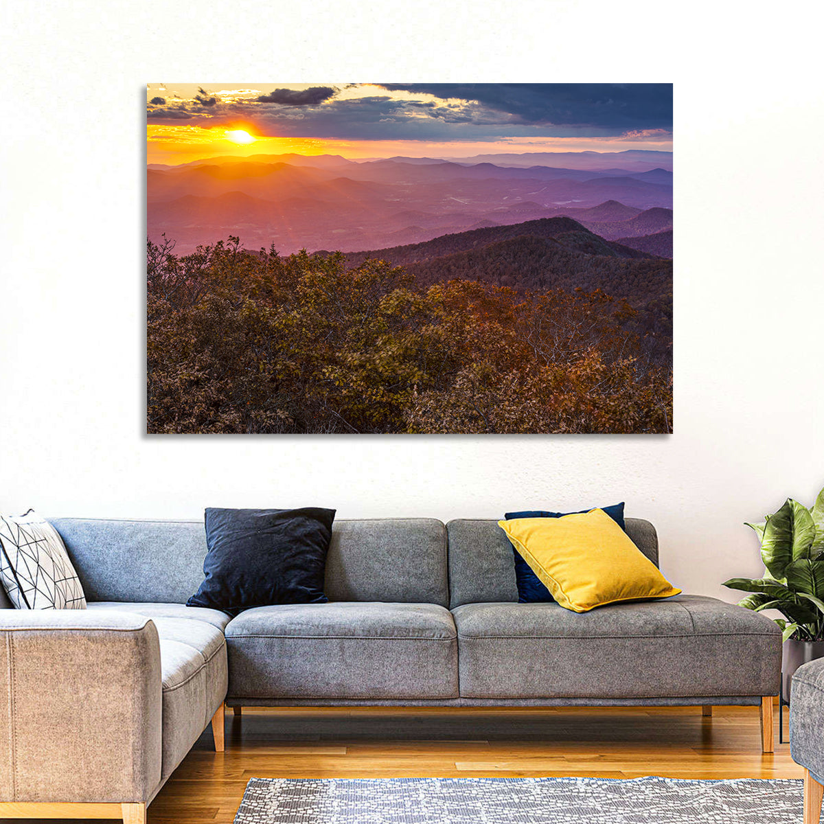 Blue Ridge Sunset Over Autumn Ridges Wall Art in a room, landscape