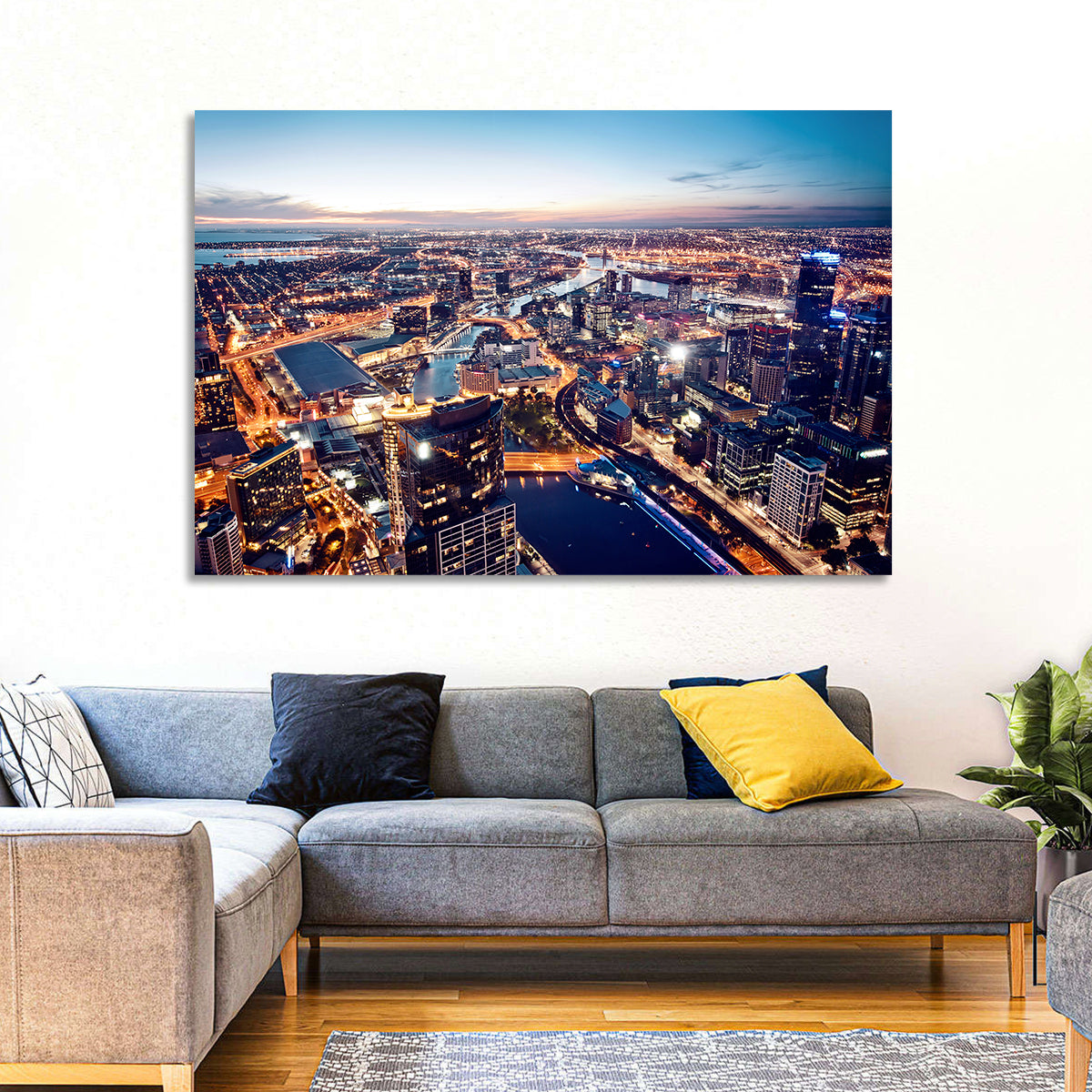 Melbourne Twilight Skyline Wall Art in a room, landscape