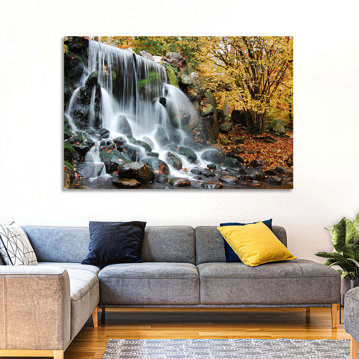 Autumn Waterfall at Sonsbeek Park Wall Art in a room, landscape