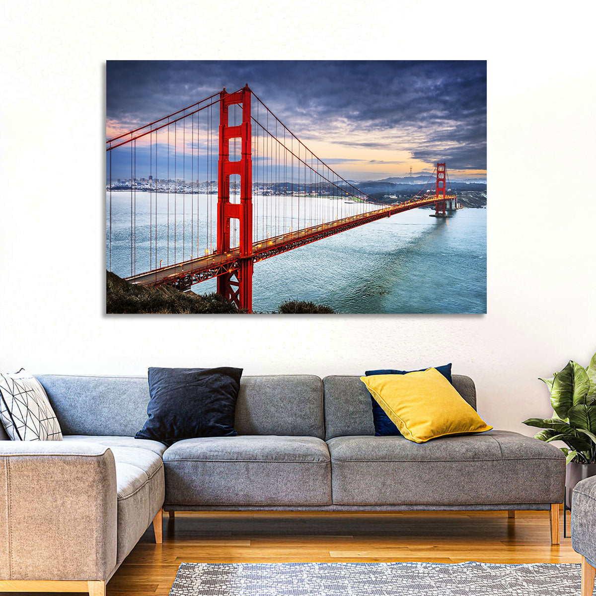 Golden Gate Bridge at Dusk Wall Art in a room, landscape