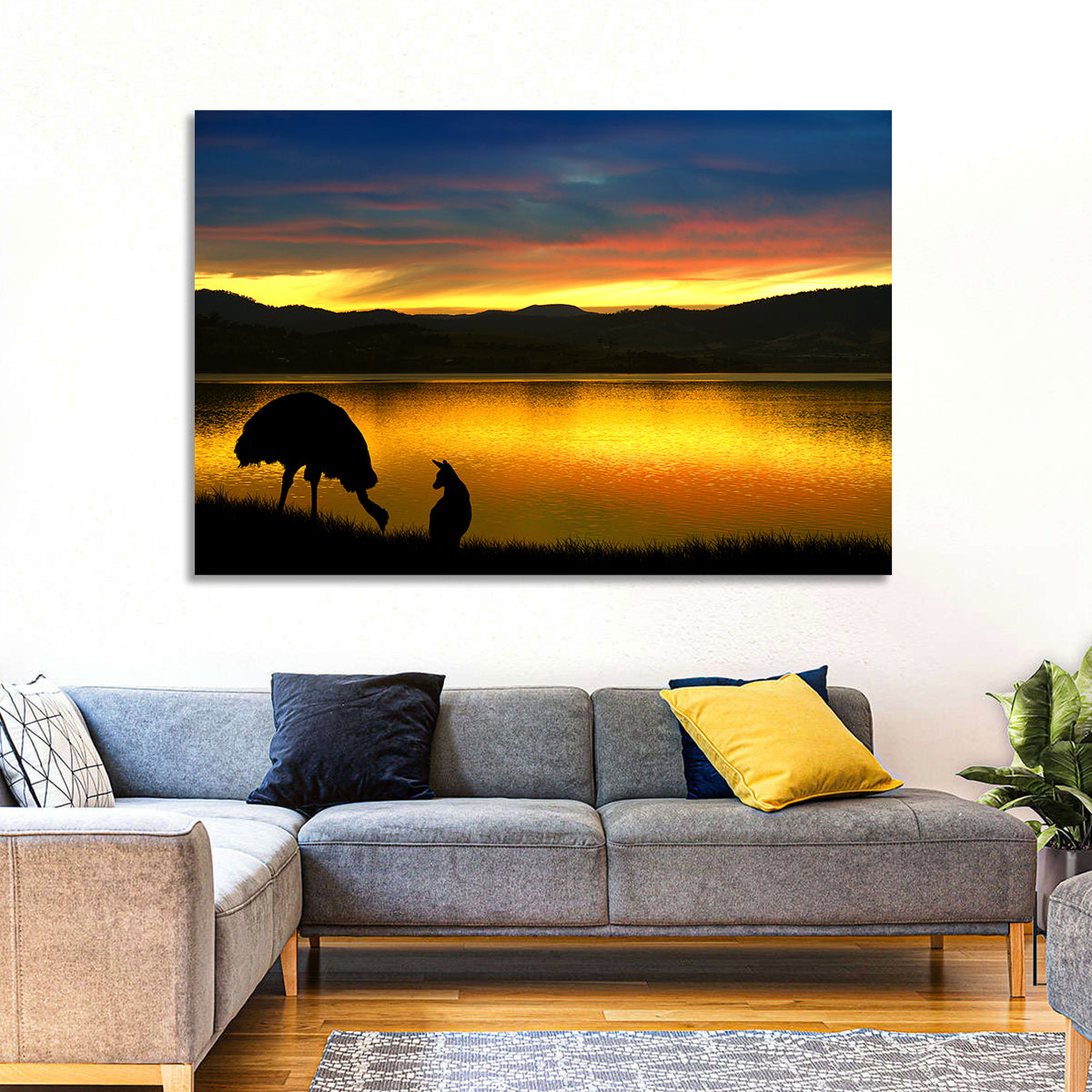 Kangaroo and Emu at Lake Sunset Wall Art