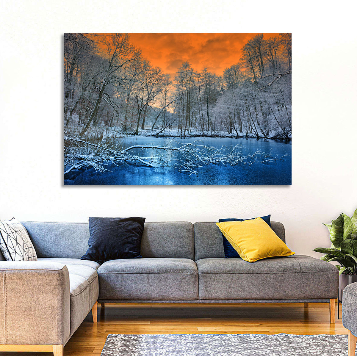 Sunset Over Winter Forest Lake Wall Art in a room, landscape