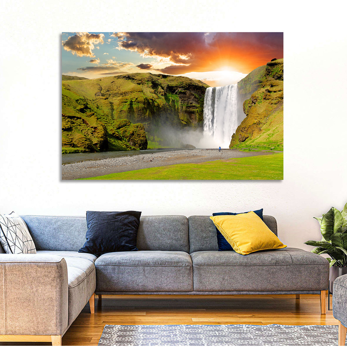 Skógafoss at Sunset Wall Art in a room, landscape