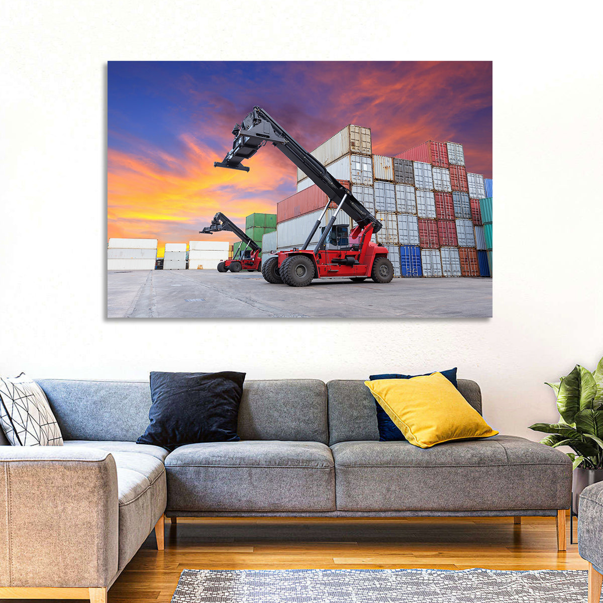 Red Reach Stackers at Sunset Wall Art in a room, landscape