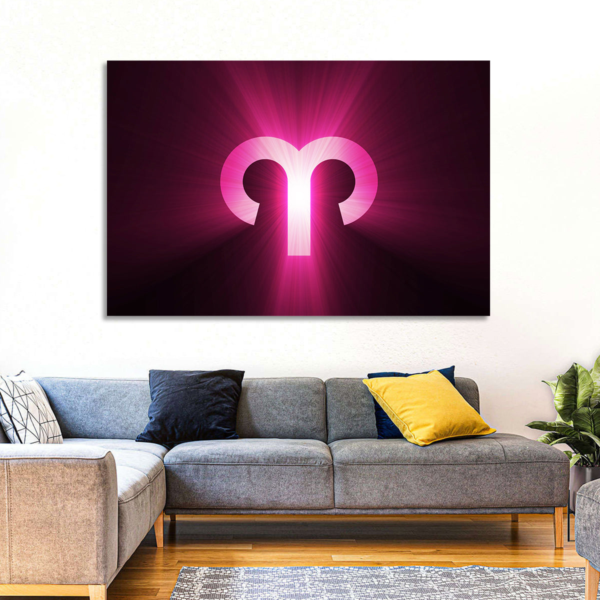 Radiant Aries Zodiac Emblem Wall Art in a room, landscape